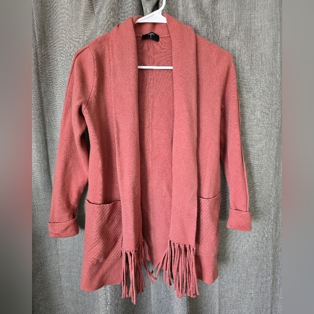 Tahari Burnt Terracotta Sweater pockets Fringe cardigan size small